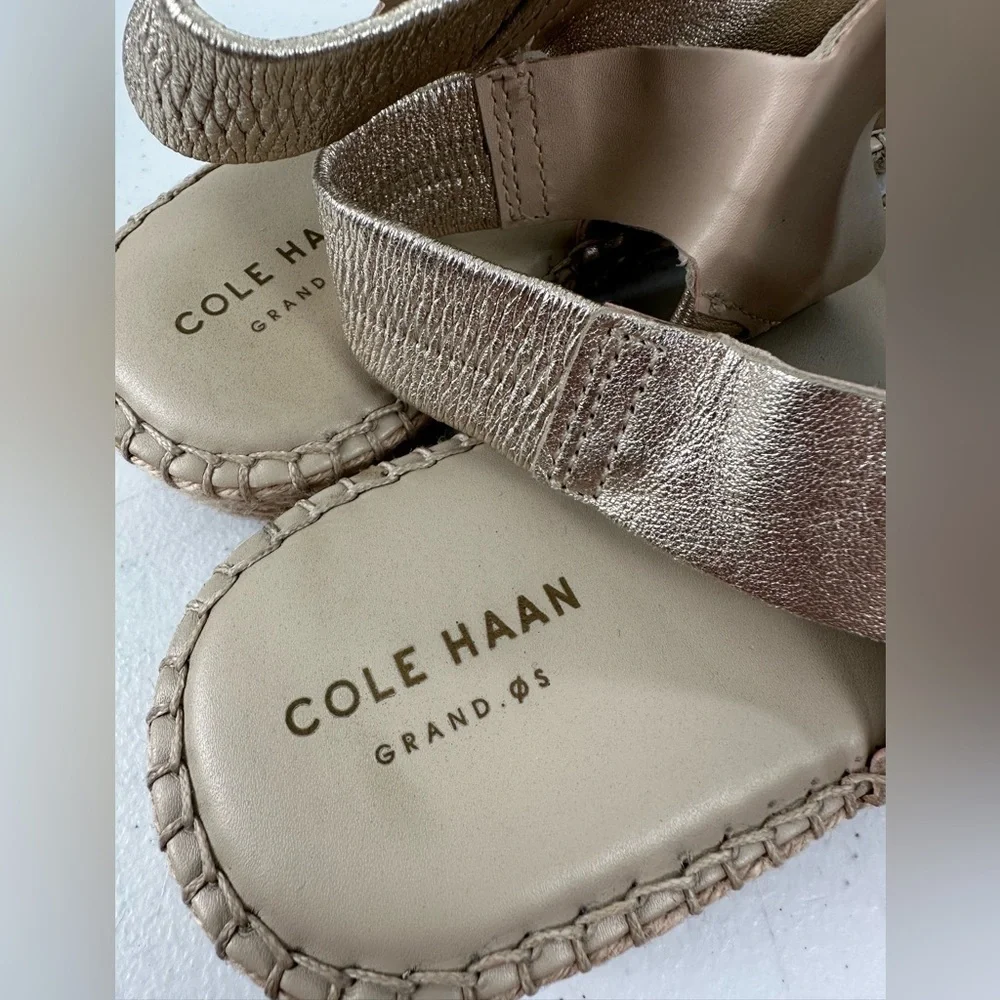 Cole Haan Cloudfeel Espadrille Sandals Soft Gold Metallic Leather Natural Jute 7